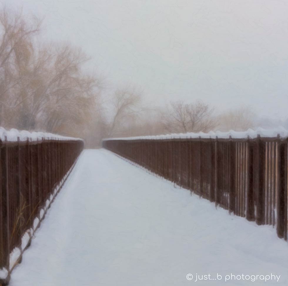 Snow covered footbridge during winter snow storm.