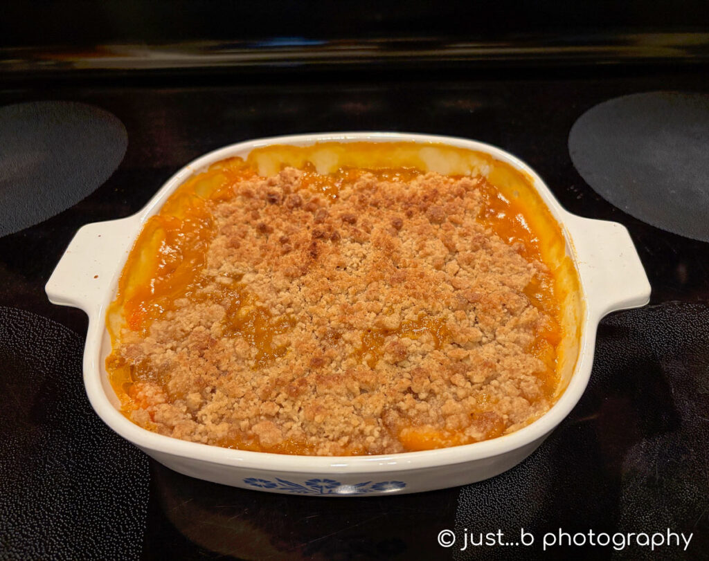 Freshly baked apricot cobbler from locally picked apricots.