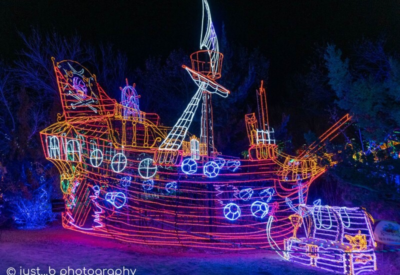 ABQ Botanic Gardens River of Lights 2024 - pirate ship with treasure chest Pirate ship with treasure chest.